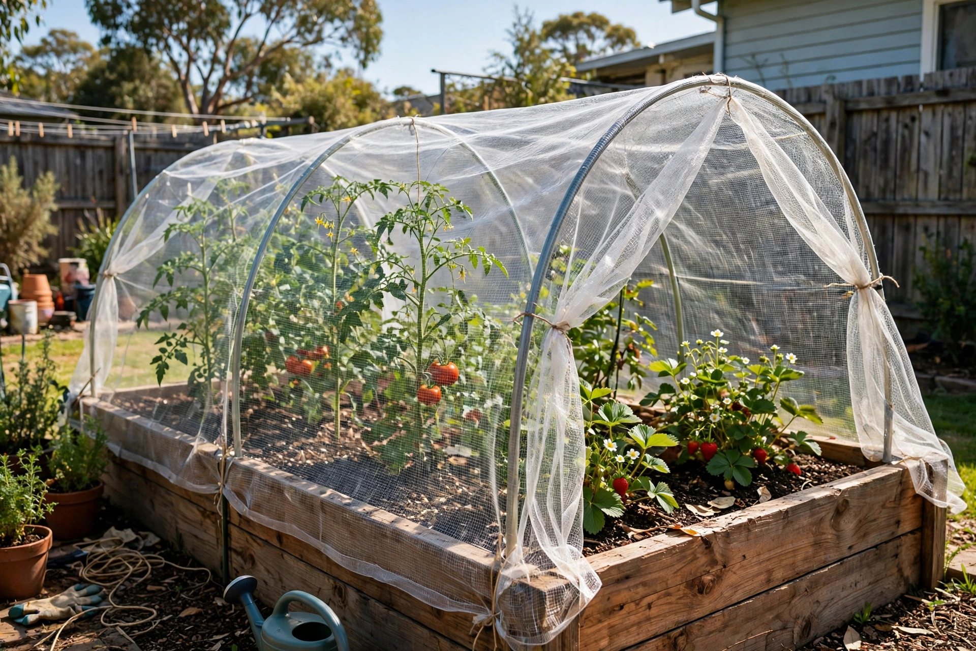 Greenhouse hoops grow tunnel kit over a raised garden bed with tomatoes and strawberries in Australia