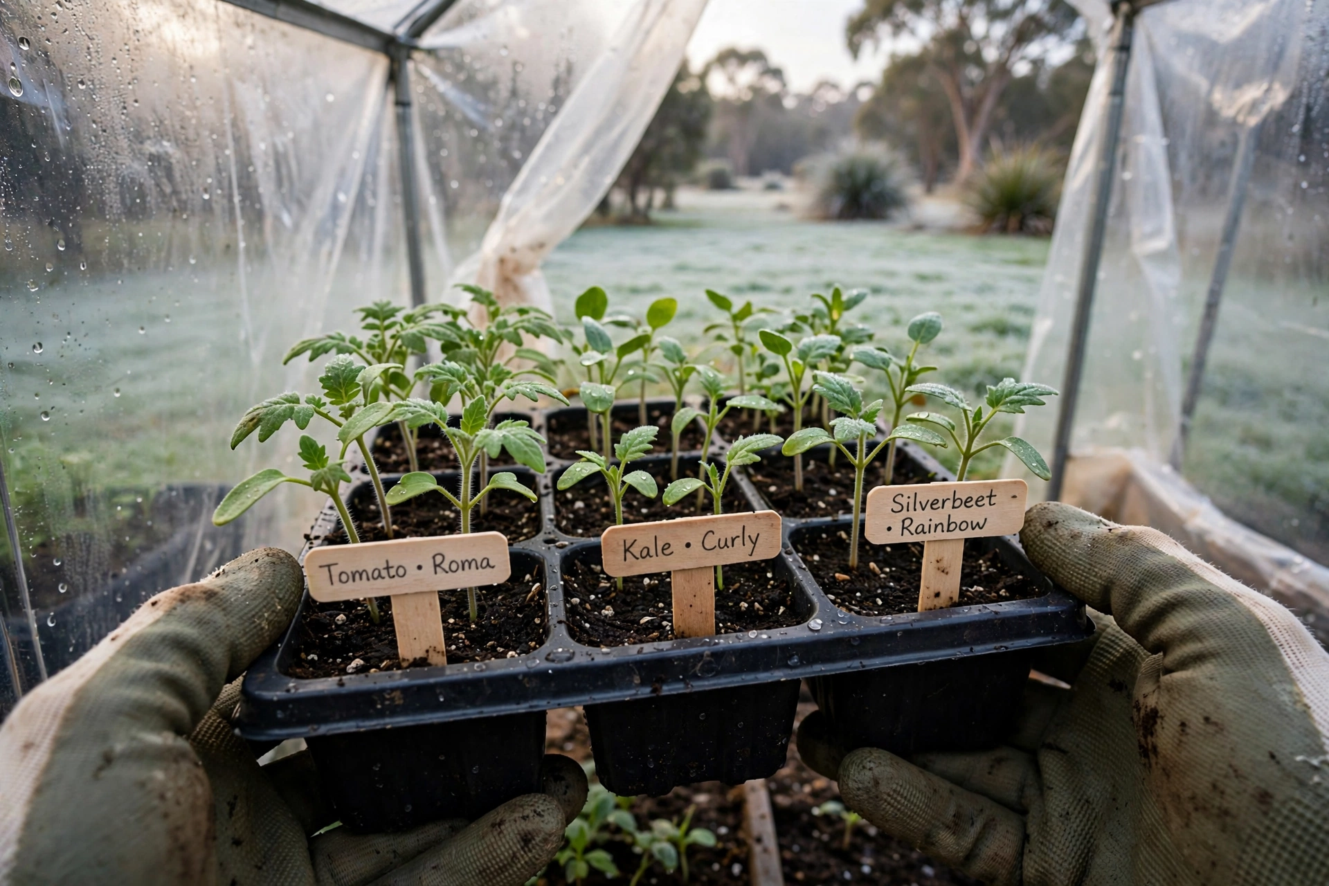 Young vegetable seedlings in trays inside a mini greenhouse for frost protection in Australia