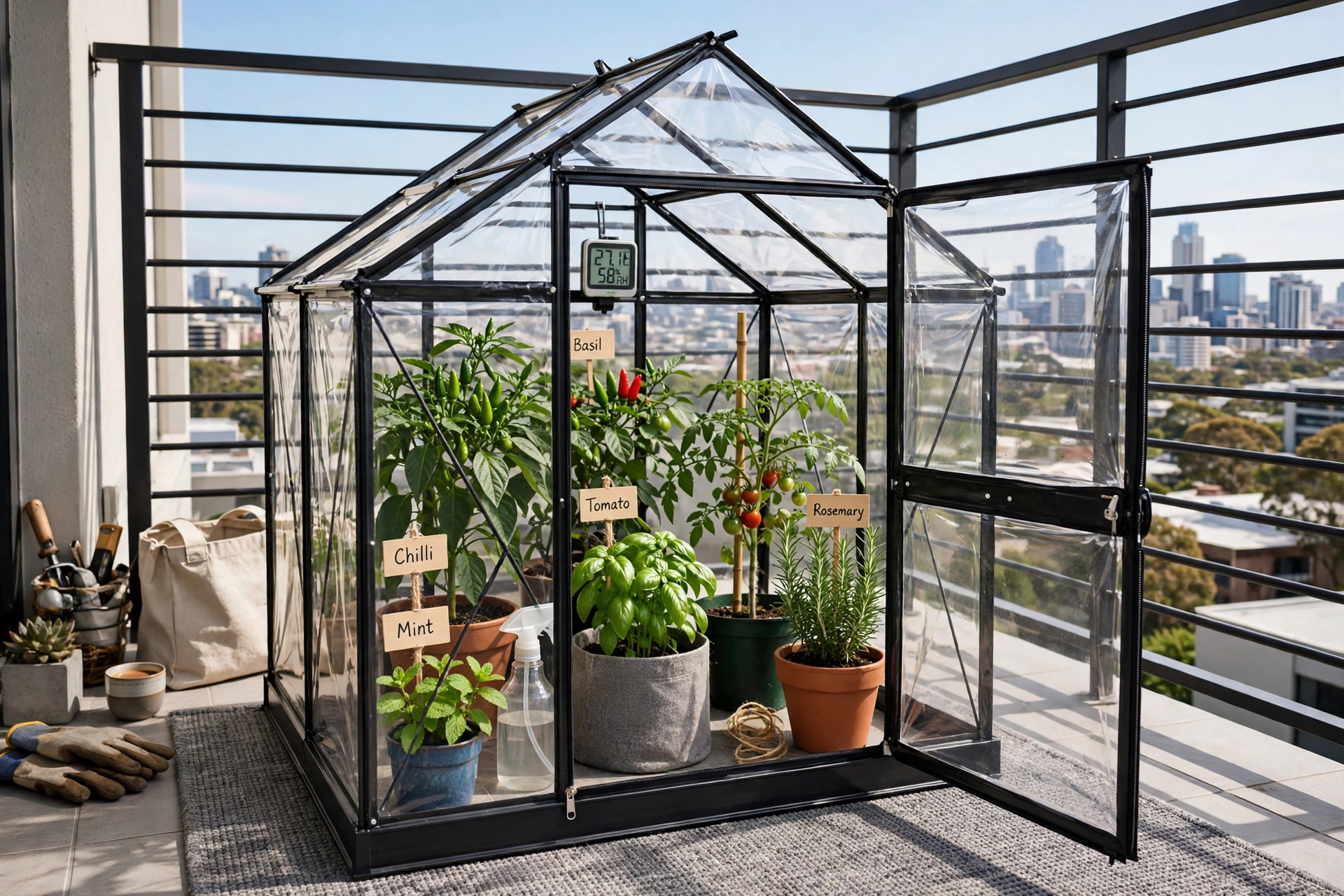 Clear mini greenhouse with steel frame on a sunny Australian apartment balcony with potted herbs