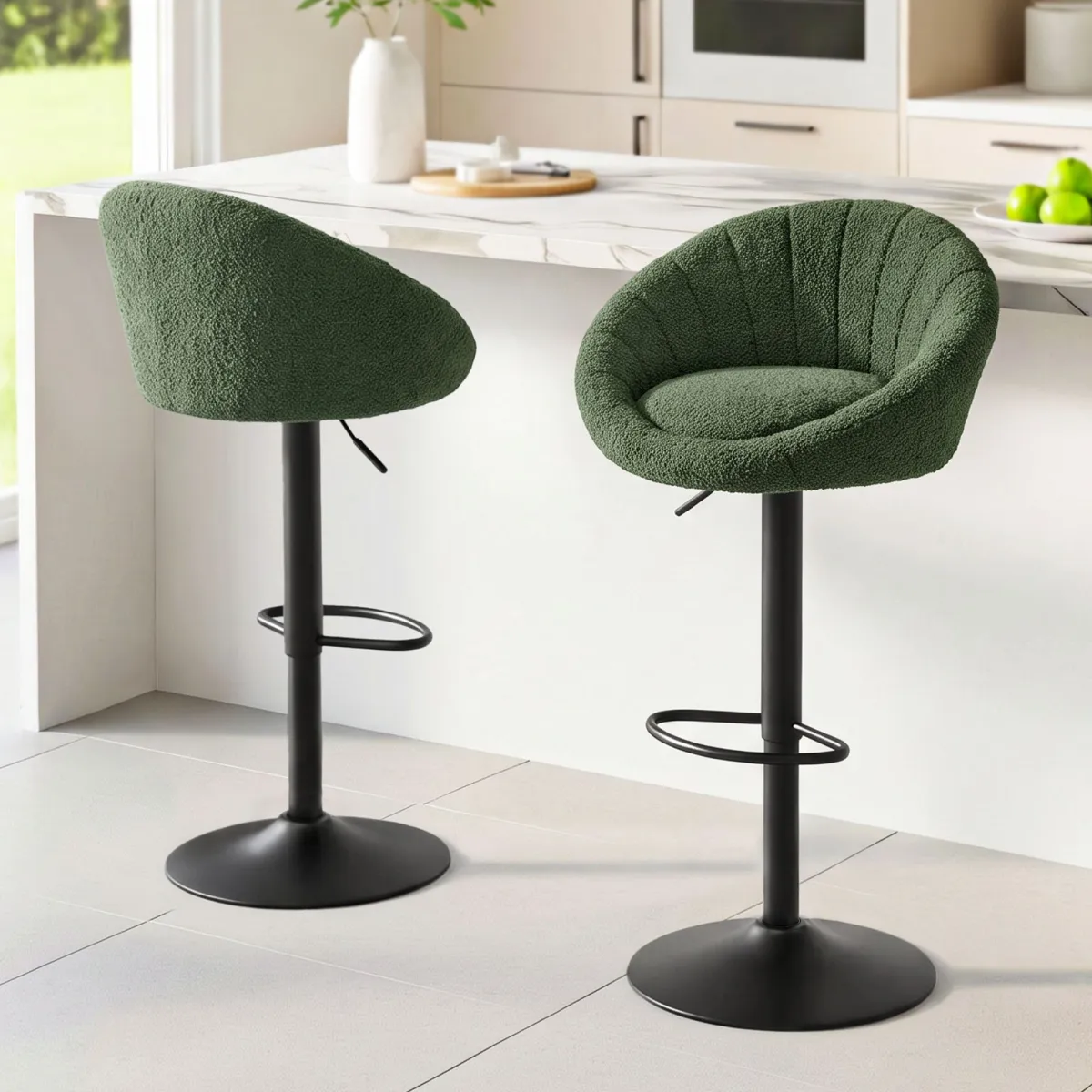 Artiss 2x Bar Stools Kitchen Chairs Gas Lift Adjustable Round Shell Boucle Green - Artiss