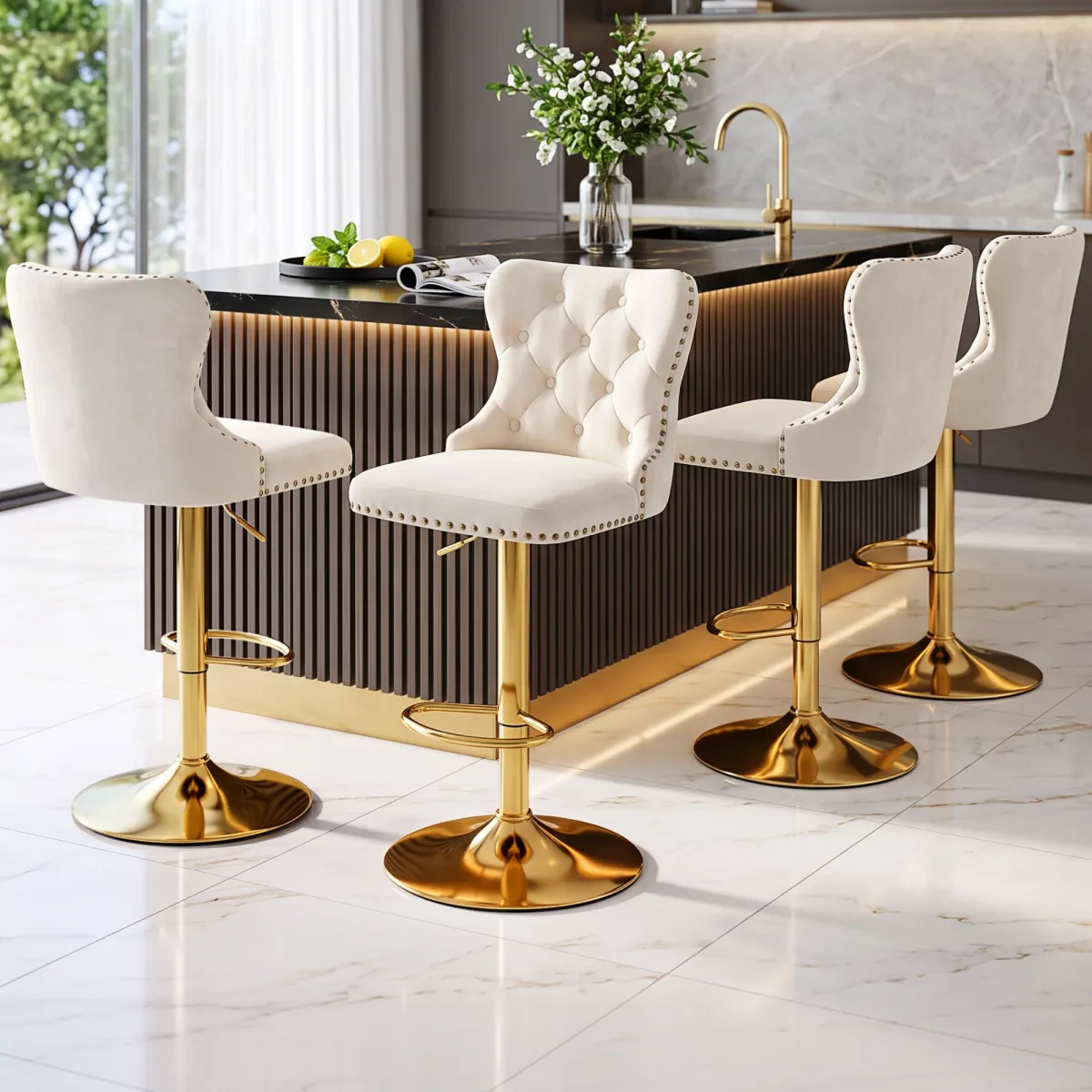 Artiss 4x Bar Stools Counter Chair Kitchen Adjustable Nailhead Trim Velvet Ivory - Artiss