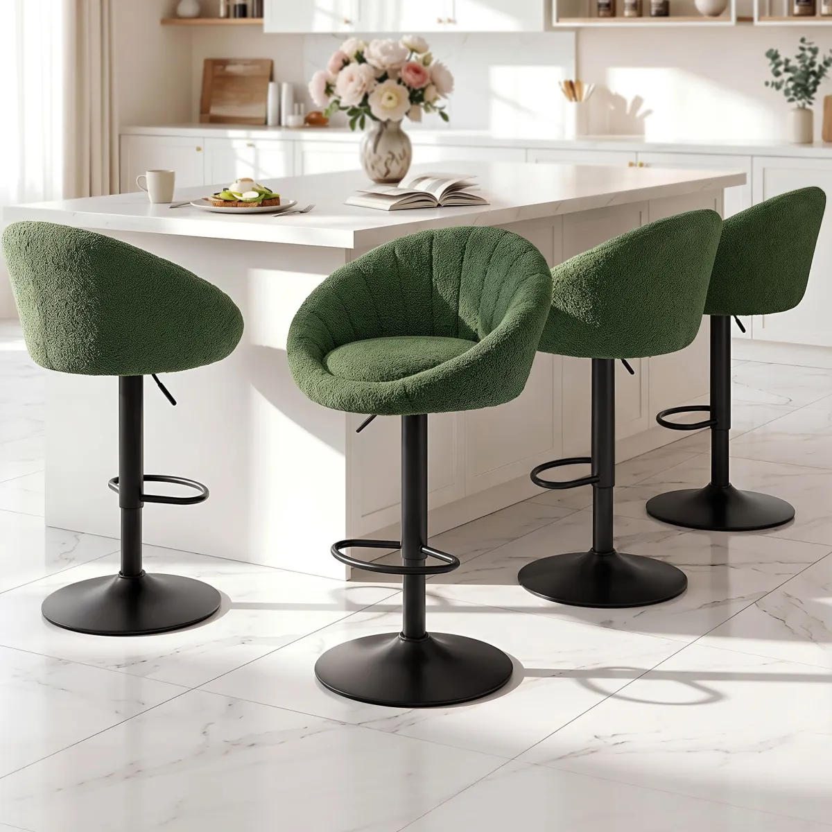 Artiss 4x Bar Stools Kitchen Chairs Gas Lift Adjustable Round Shell Boucle Green - Artiss