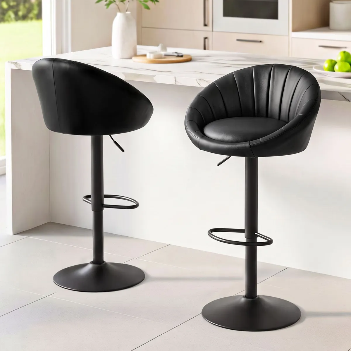 Artiss Bar Stool X2 Gas Lift Adjustable Rounded Shell Backrest PU Leather Black - Artiss