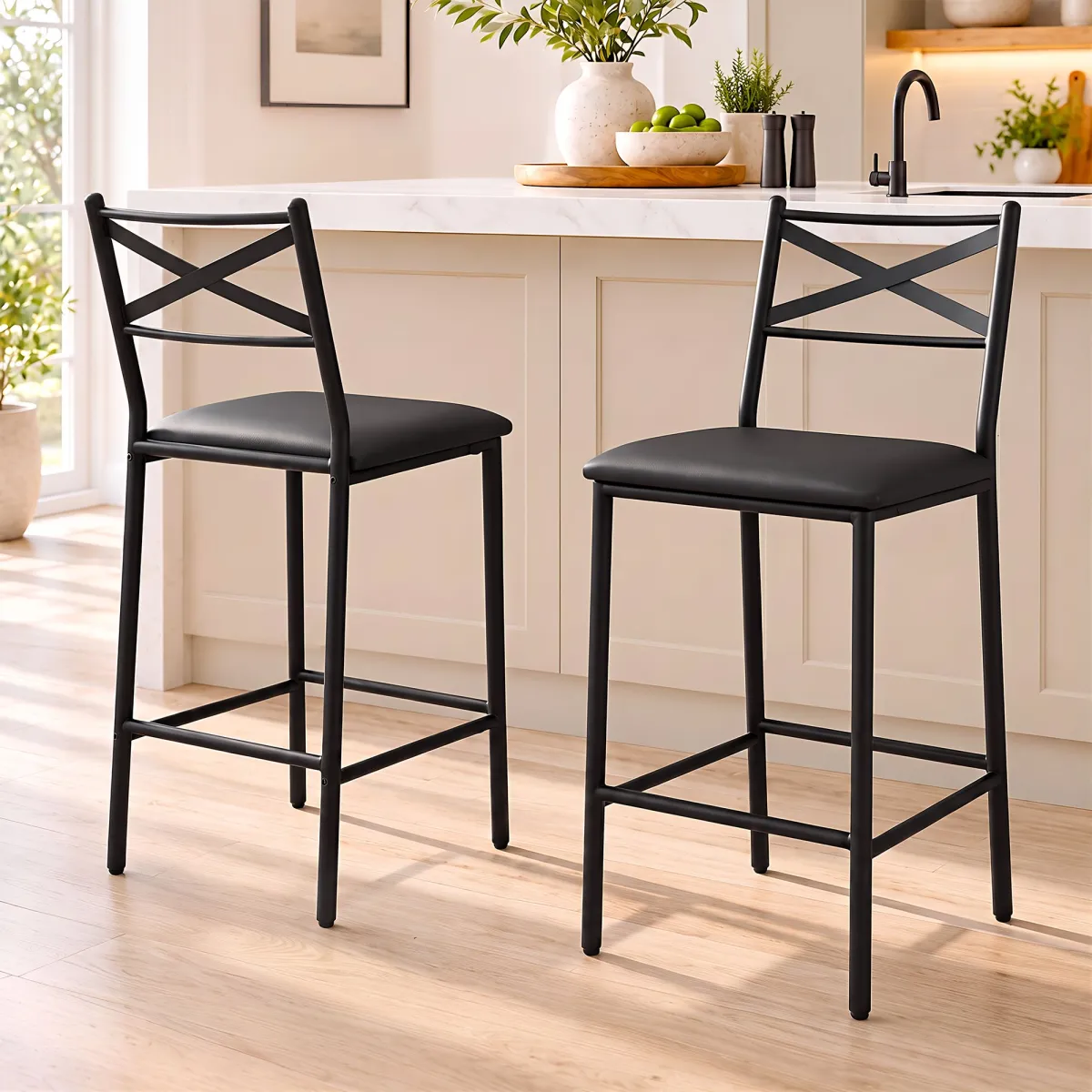 Artiss Bar Stools Set of 2 Counter 66cm Height Stools with Backrest, PU Cushioned Seat, Black - Artiss