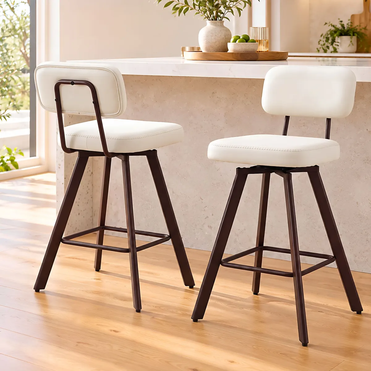 Artiss Bar Stools Set of 2 Swivel Counter 68cm Height Stools w/ Padded Backrest Beige - Artiss