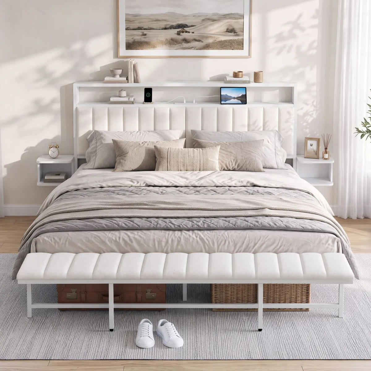 Artiss King Metal Bed Frame Boucle Headboard Charging Station Side Table White - Artiss