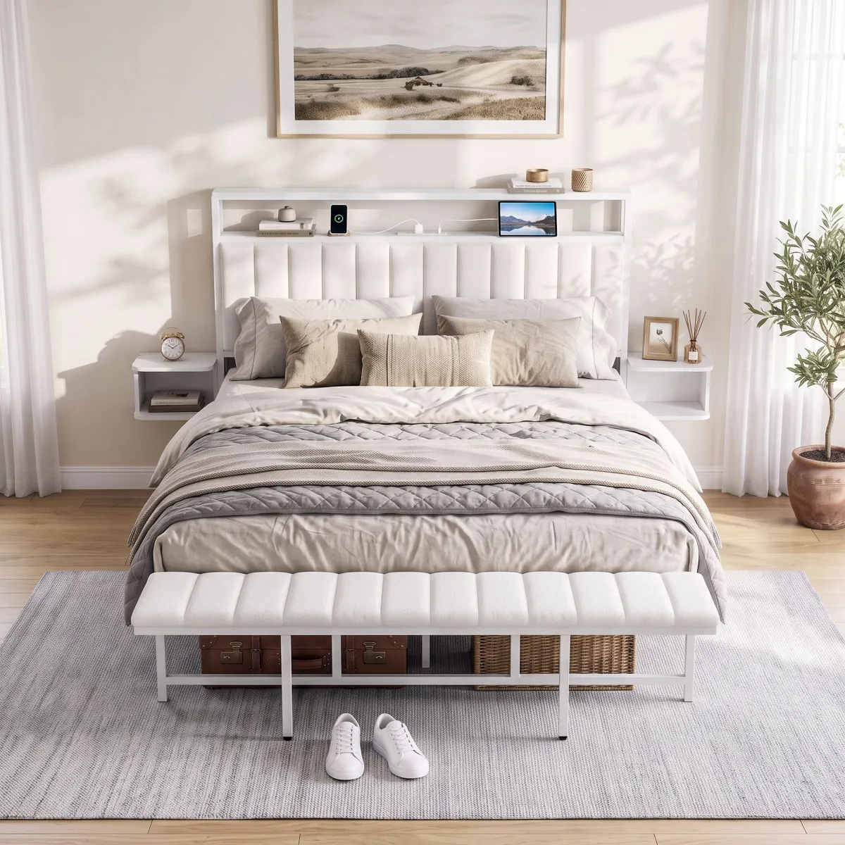 Artiss Queen Metal Bed Frame Boucle Headboard Charging Station Side Table White - Artiss