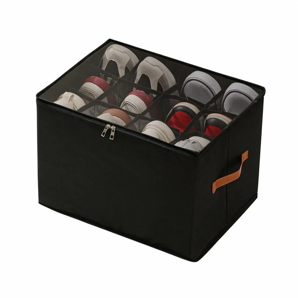 Black Shoe Storage Organiser 43x32x30cm Zip Lid Breathable Mesh Washable Moisture-Proof Fabric Box 1pc Wardrobe - Unbranded
