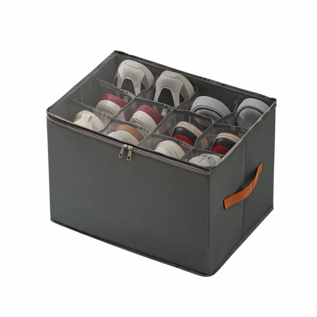 Grey 8-Compartment Shoe Organiser Case 43x32x30cm with Carry Handle Zip Dust Cover Non-Woven Home Closet Tidy 1pc - Unbranded