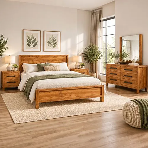 King Bedroom Suite – 5 Piece Set with Dresser & Tallboy in Oak Finish - Melbournians Furniture