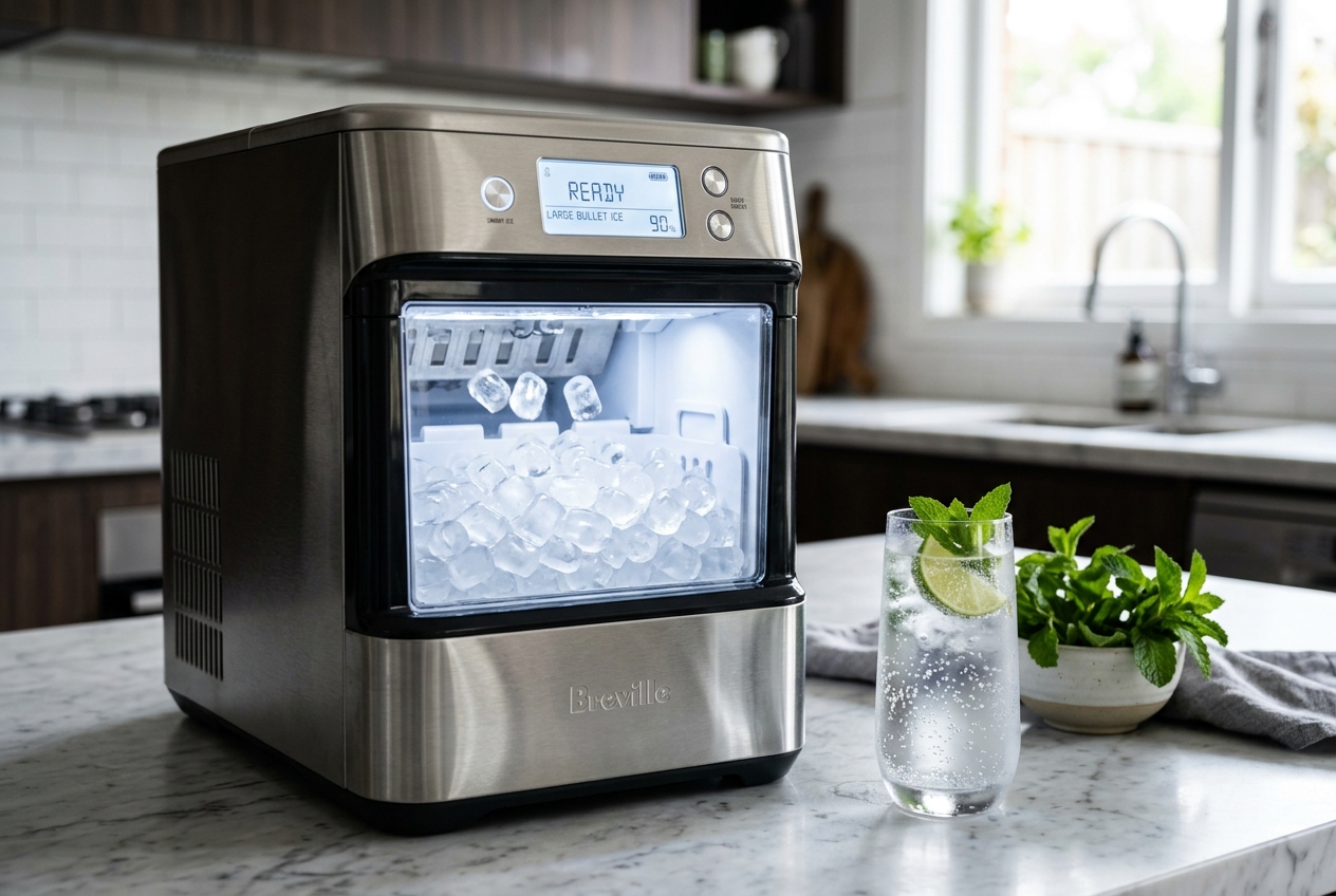 Stainless steel countertop ice maker producing clear bullet ice cubes into illuminated basket