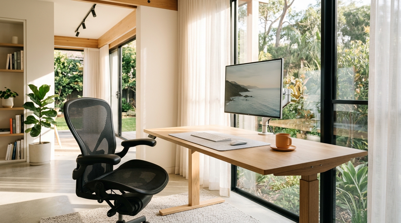 Minimalist Australian ergonomic home office setup with sit-stand desk and mesh chair