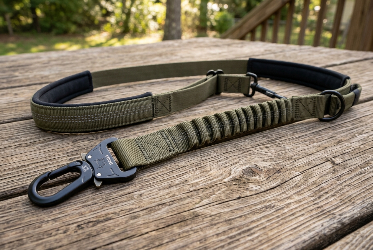 Tactical heavy duty bungee dog leash with frog clip buckle and dual padded handles on timber surface