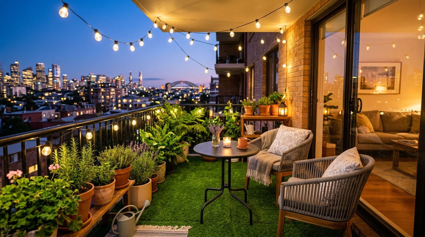 Evening Australian Apartment Balcony Makeover with Fairy Lights and Turf Tiles